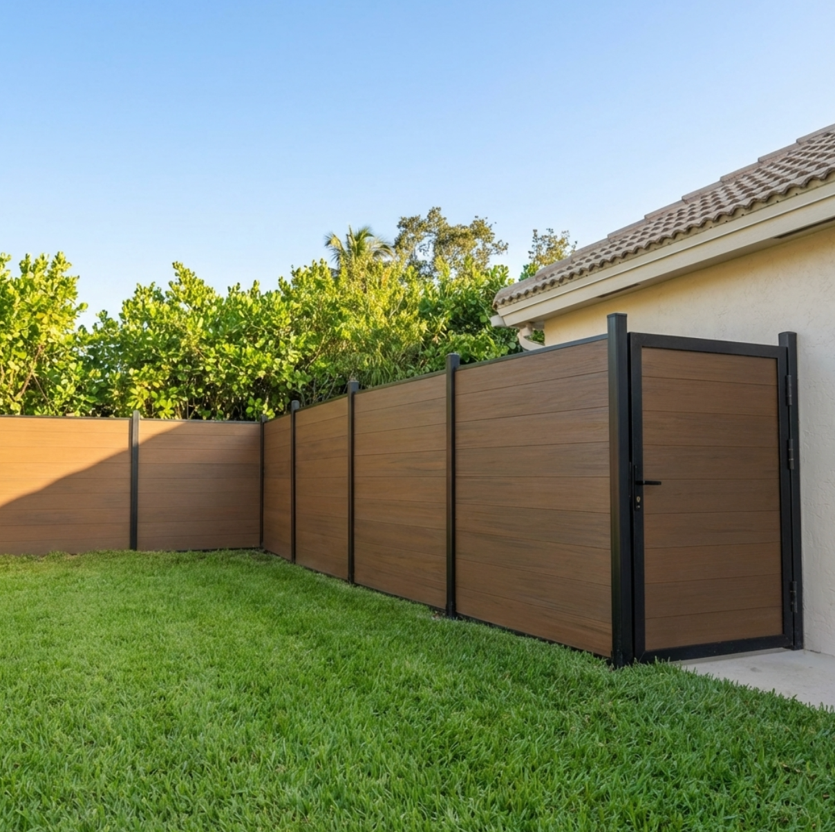 Brown composite fence has a walnut wood grain pattern. It comes with a gate and is supported by black metal posts. This fence is available at wholesale prices 