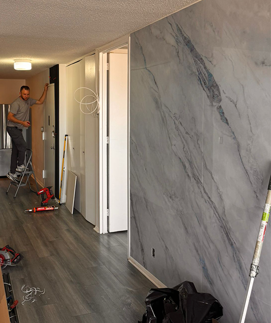 Calacatta PVC White Marble Full Wall Installation – Final Look by NewGen Depot