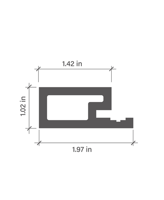 Composite Cladding End Cap cross-section diagram with 1.97 in overall width, 1.02 in height and 1.42 in upper width