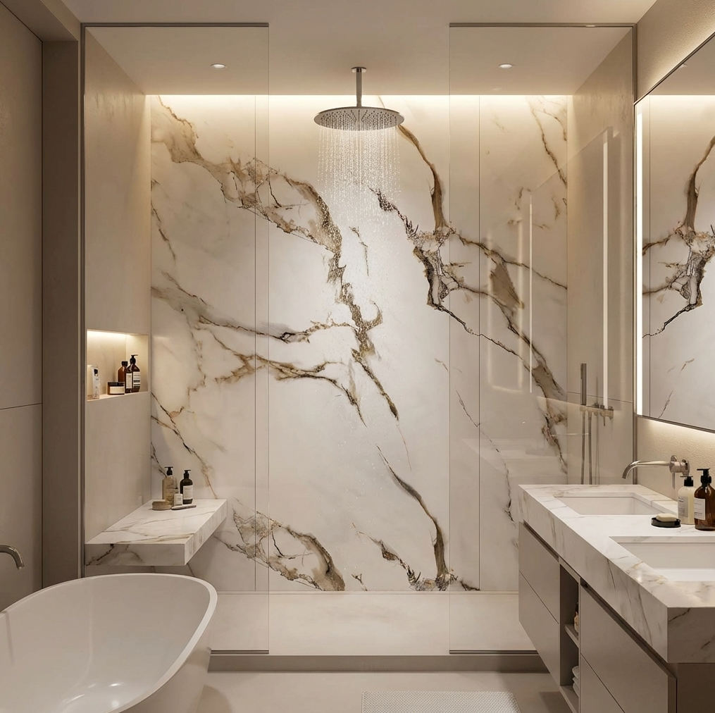 Ethereal Blush Marble UV Protected PVC Wall Panel in Shower