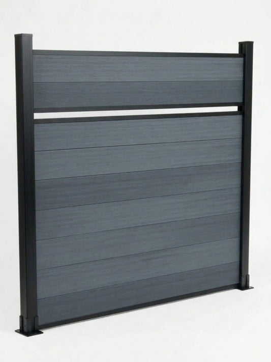 Angled view of a light gray single divider composite fence panel with dark posts and horizontal slats