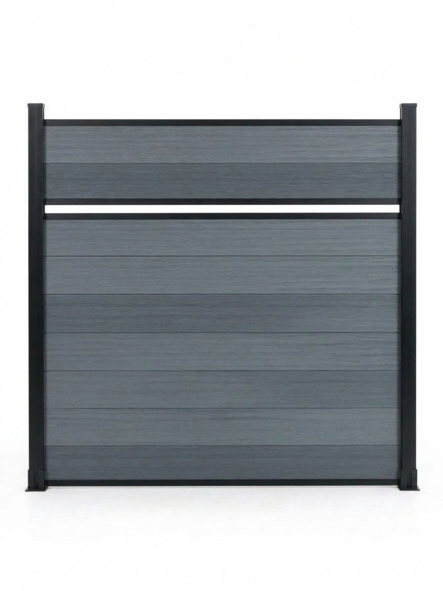 Front view of a light gray single divider composite fence panel framed by dark metal posts