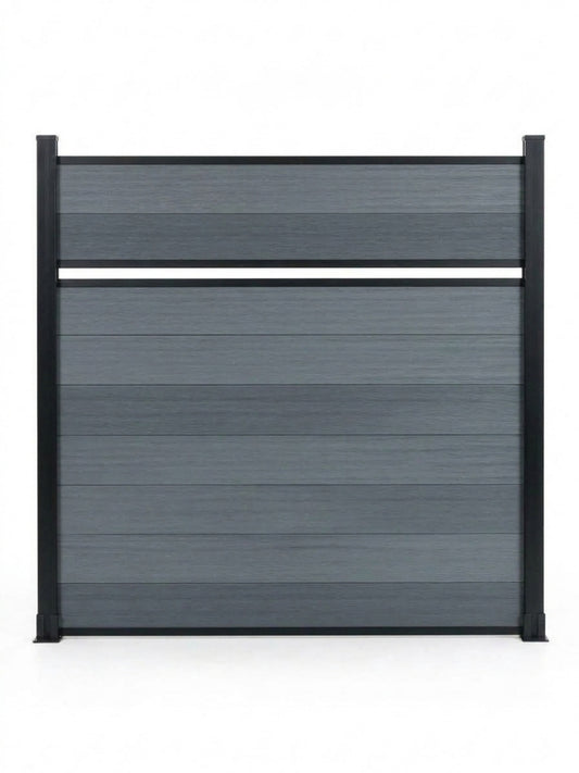 Front view of a light gray single divider composite fence panel framed by dark metal posts