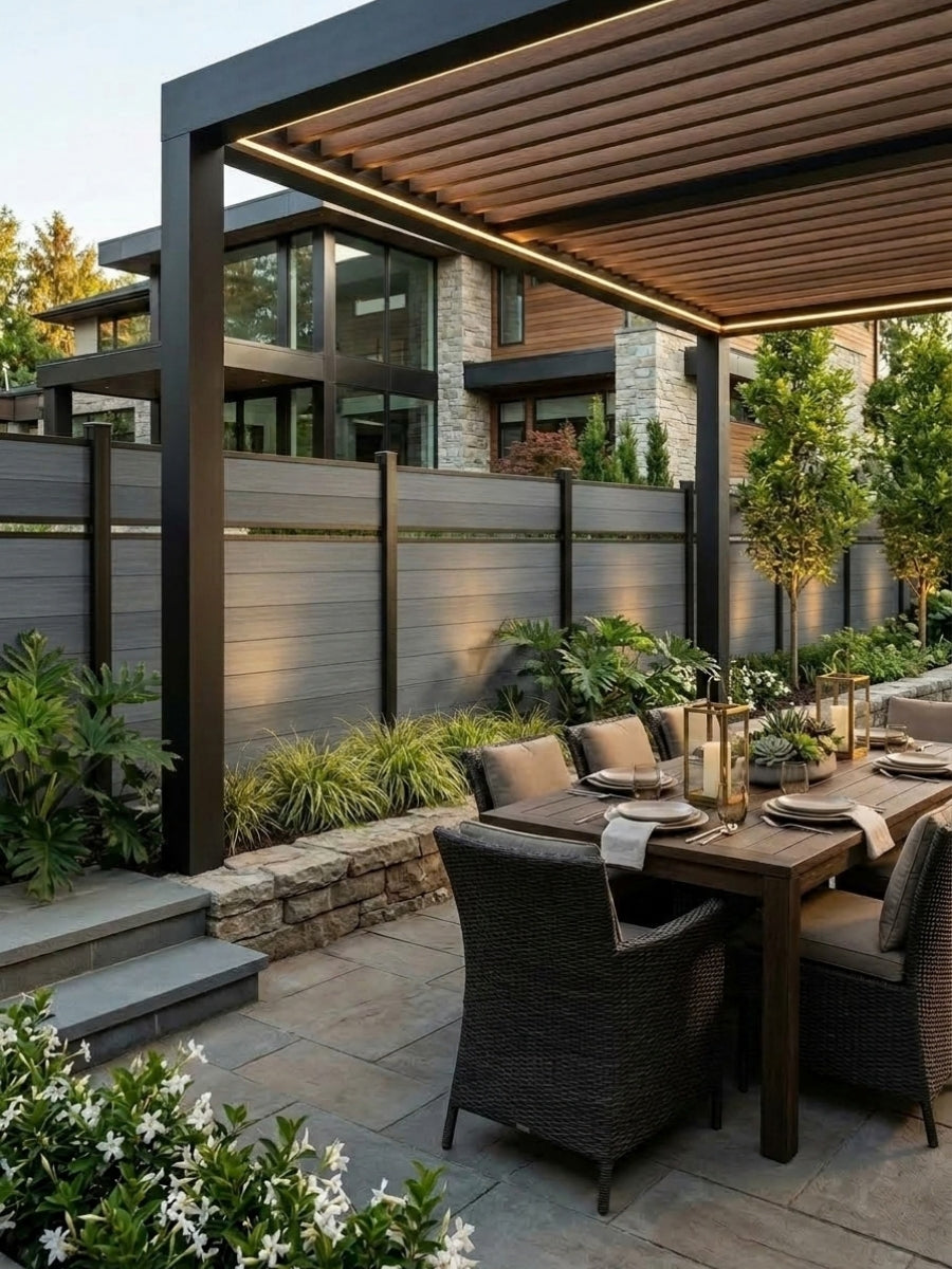 Light gray single divider composite fence installed around a landscaped patio dining area with pergola