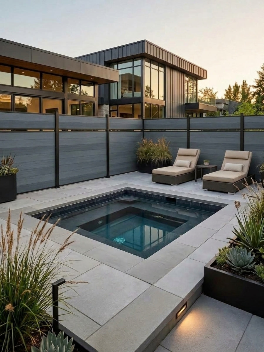 Light gray single divider composite fence enclosing a modern pool patio with lounge chairs