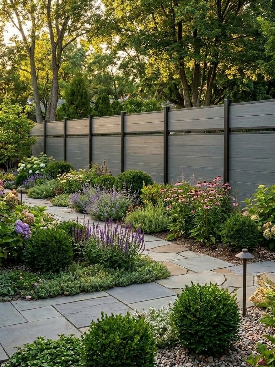 Light gray single divider composite fence installed along a lush flowering garden and stone path