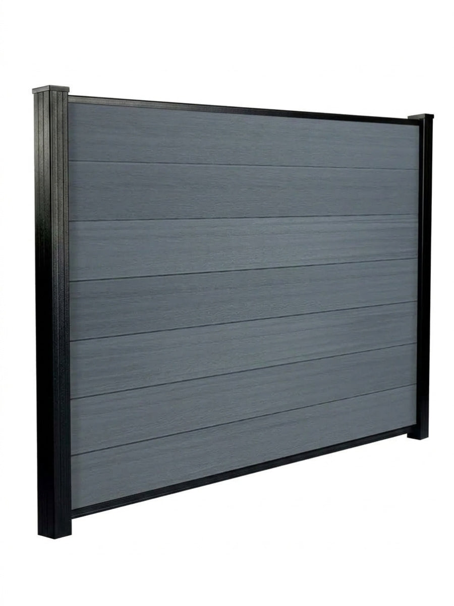 Angled view of a light gray composite privacy fence panel with horizontal boards and black frame