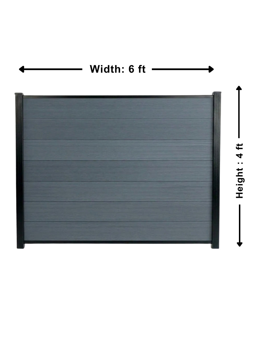 Light gray composite privacy fence panel dimensions showing 6 ft. width and 4 ft. height