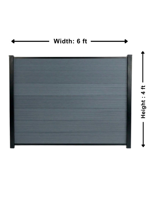 Light gray composite privacy fence panel diagram showing 6 ft. width and 4 ft. height