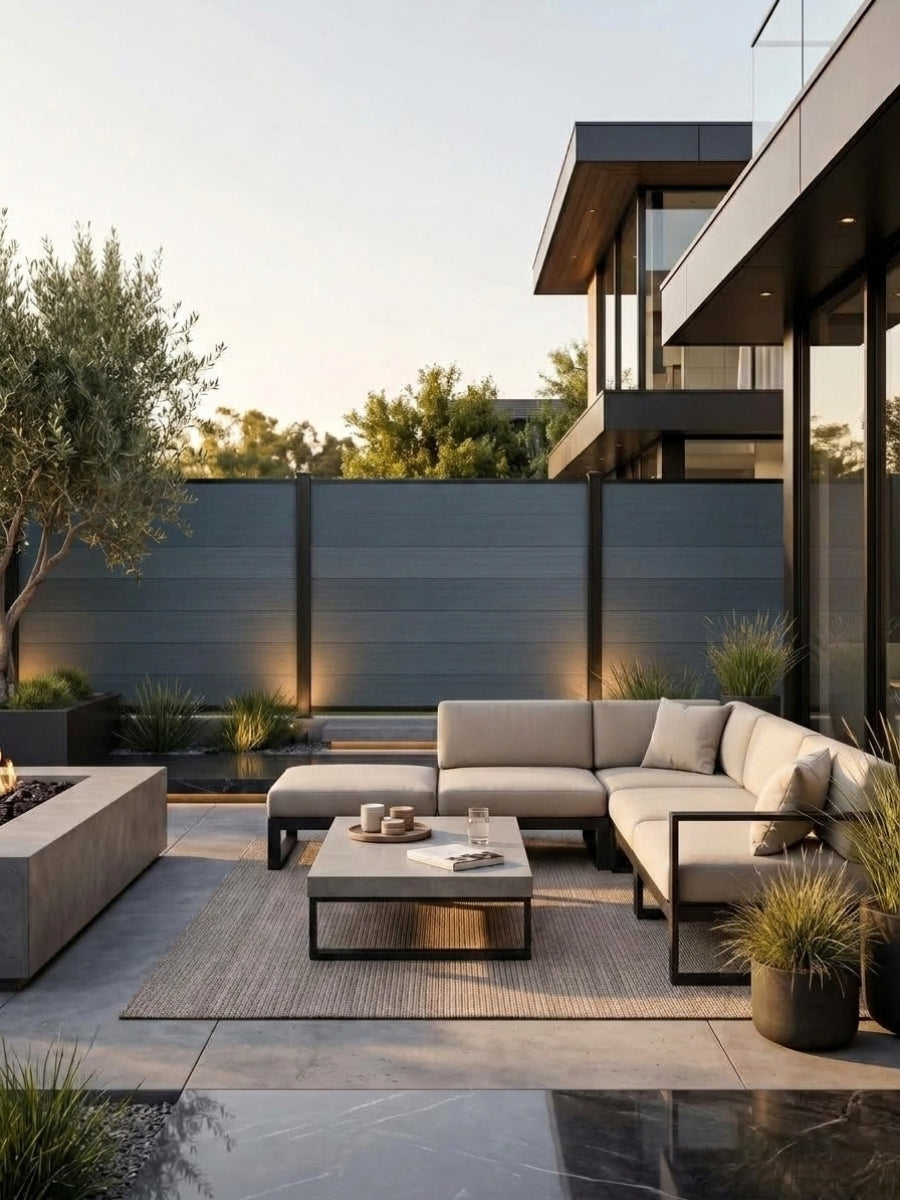 Light gray composite privacy fence enclosing a modern patio with sectional seating and landscaping