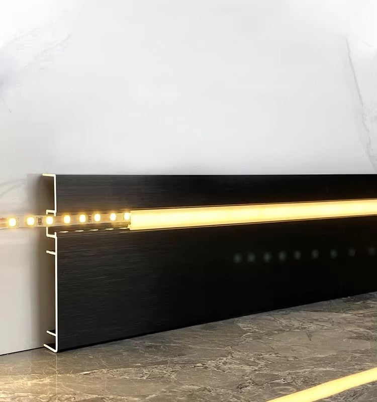 Aluminum LED skirting baseboard channel system, 3.3ft length, 4-inch height, surface-mounted with warm LED light.