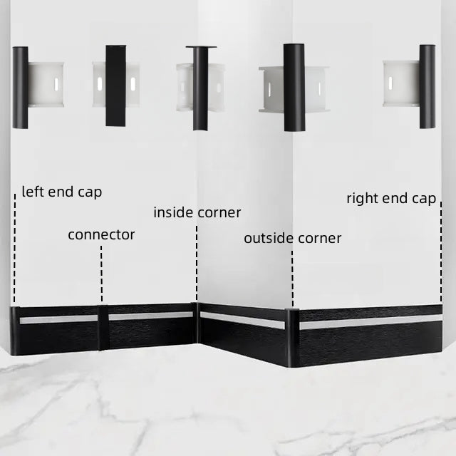 Aluminum LED skirting baseboard channel system, 3.3ft, 4 in height, surface-mounted; end caps, corners, connectors.