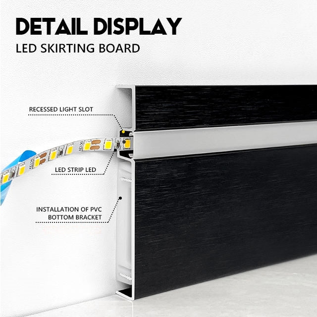Aluminum LED Skirting Baseboard Channel System, 3.3ft, 4" height, surface-mounted wall trim with LED strip.
