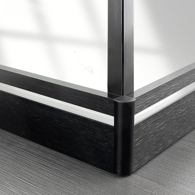 Brushed aluminum LED skirting baseboard channel system, 3.3ft length, 4-inch height, surface-mounted along wall.