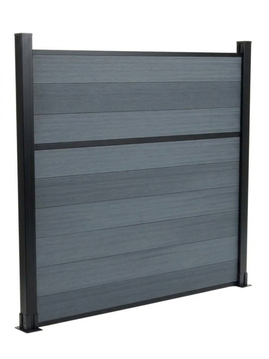 Angled view of a light gray composite fence panel with dark posts and horizontal center trim