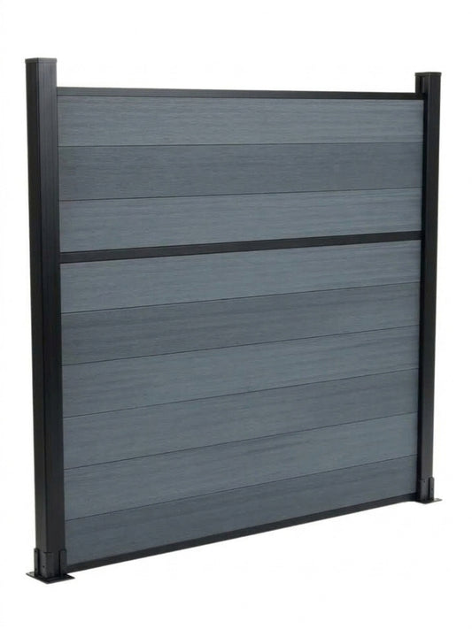 Angled view of a light gray composite fence panel with dark posts and horizontal center trim