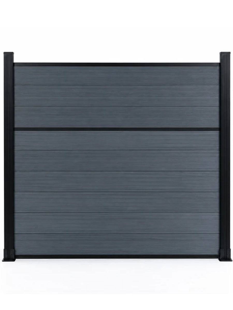 Front view of a light gray center-trim composite fence panel framed by dark posts