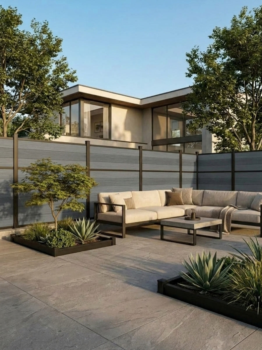 Light gray composite fencing with dark center trim enclosing a modern patio lounge