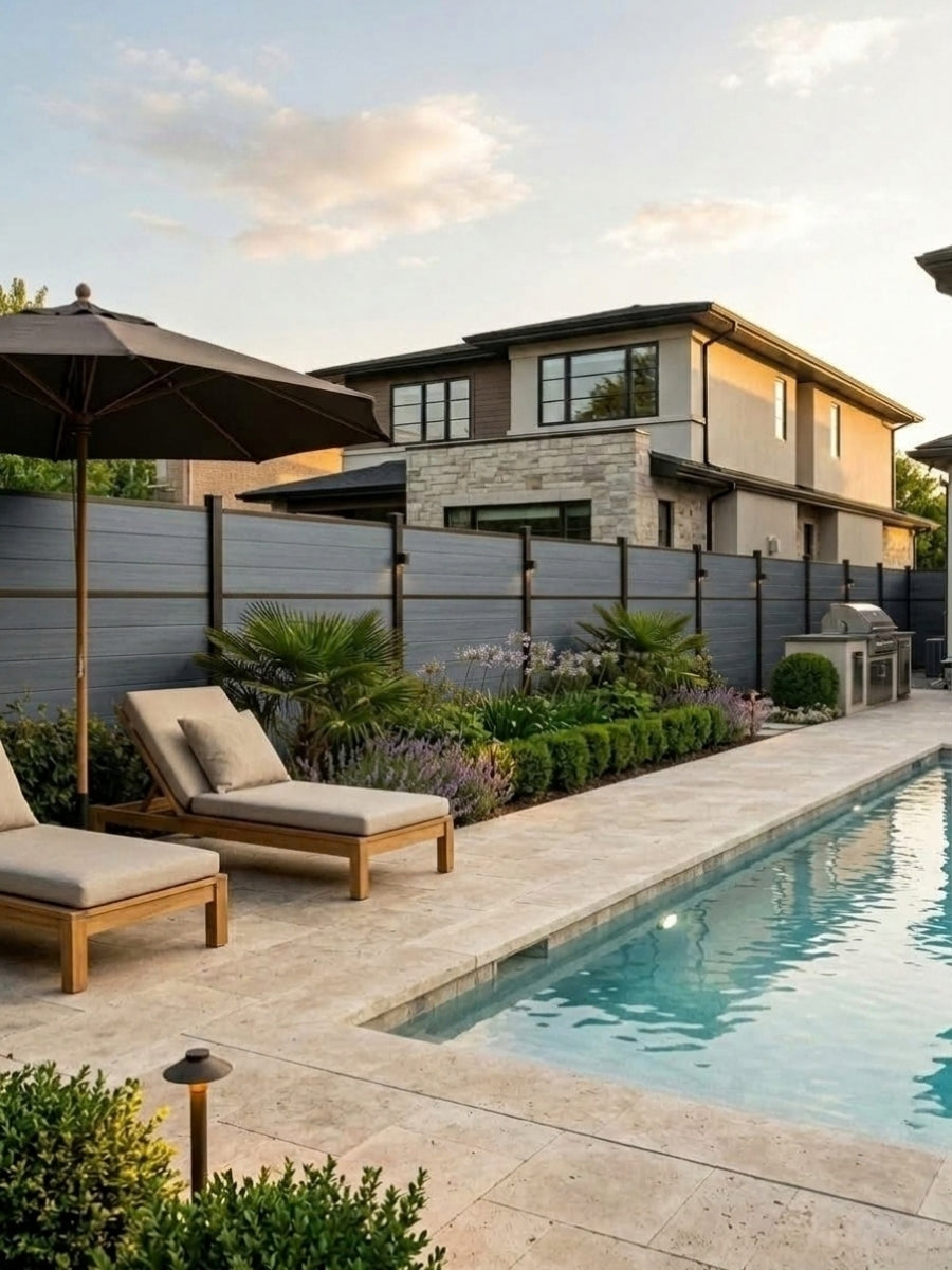 Light gray center-trim composite fence installed around a landscaped backyard pool