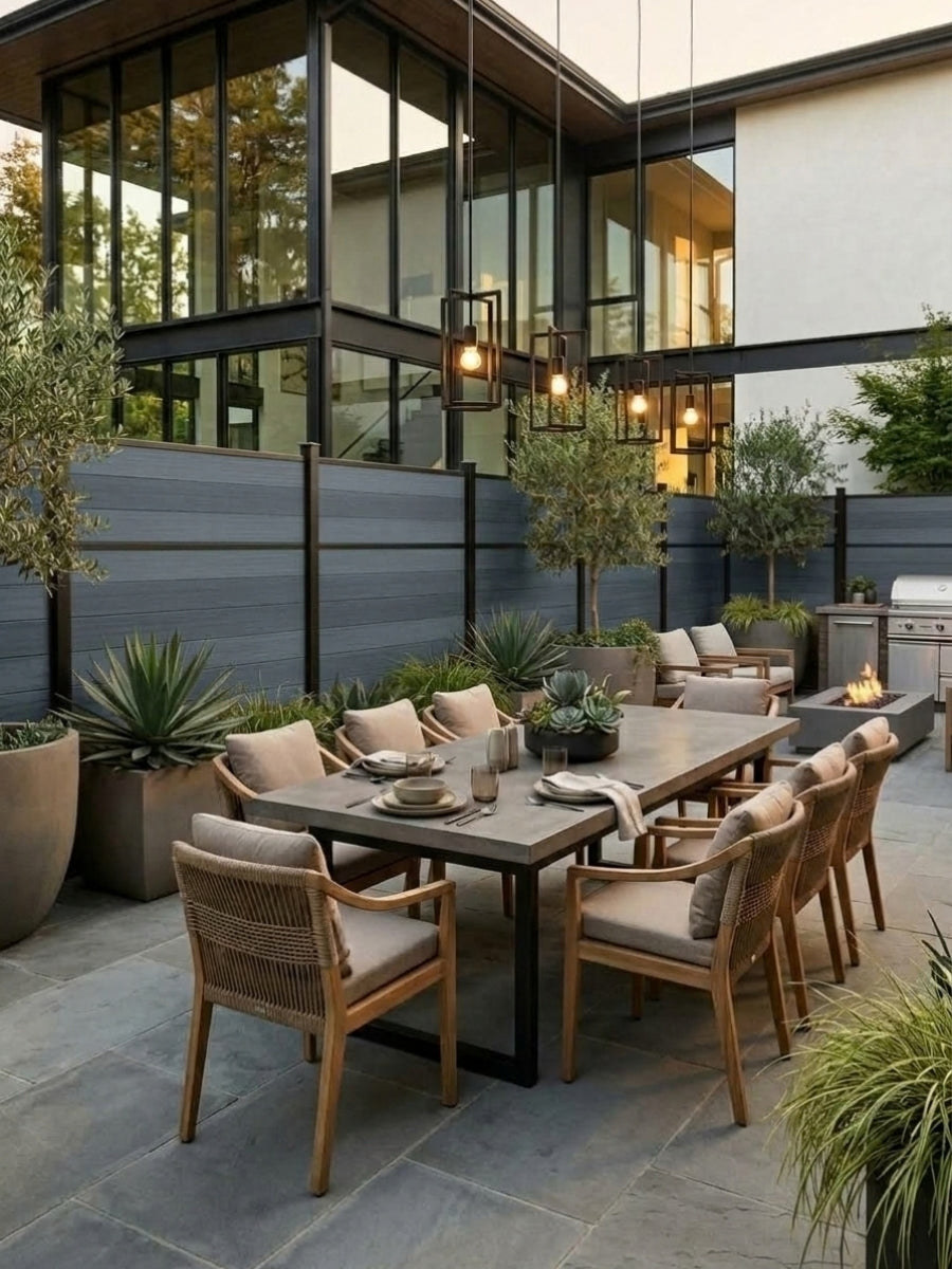 Light gray composite privacy fence with dark center trim behind an outdoor dining area