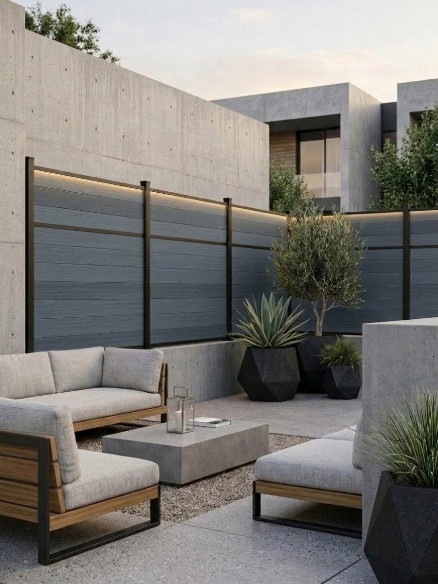 Light gray composite fence with dark center trim surrounding a modern courtyard seating area