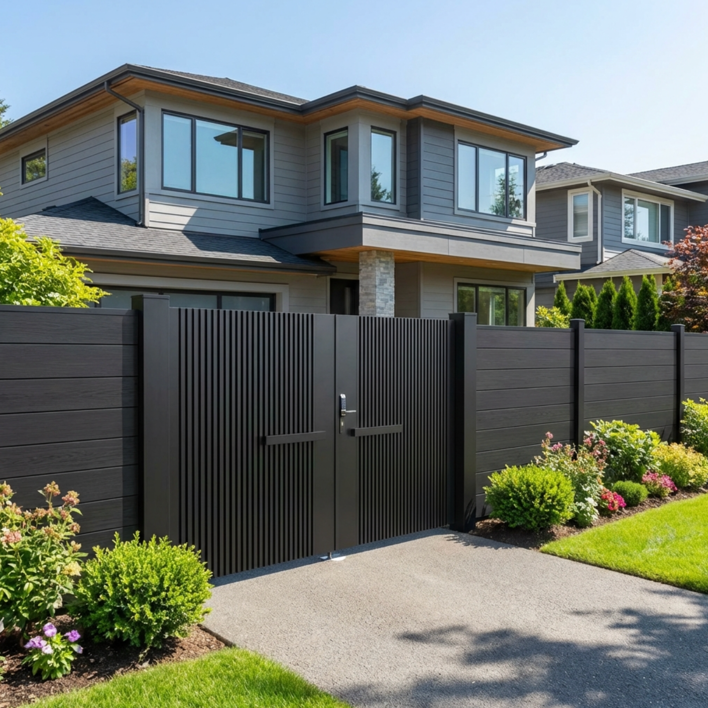 Luxury Aluminum Alloy remote control Double Gate door with Black Composite Fence. From NewGen Depot