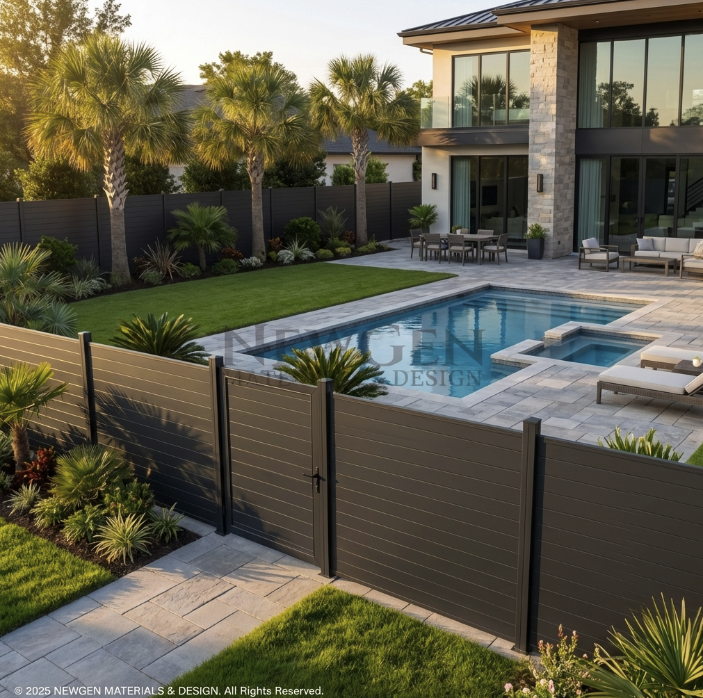 Modern backyard with pool, patio, and garden area with a fence.