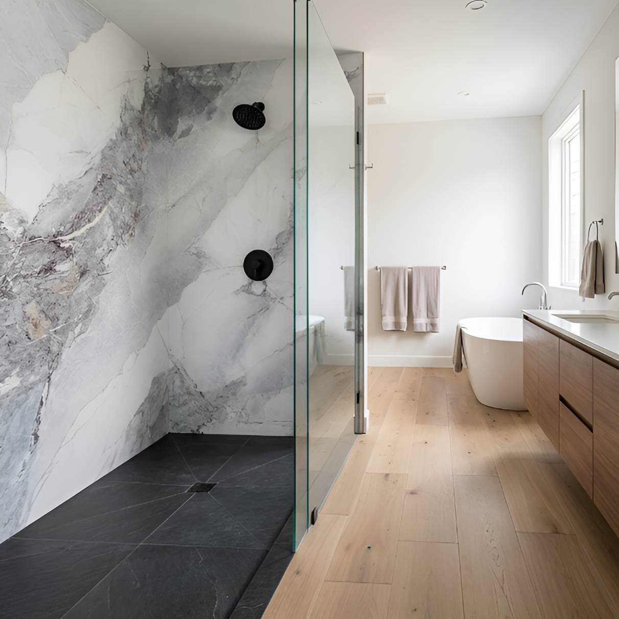 Modern bathroom with marble sheets  shower wall