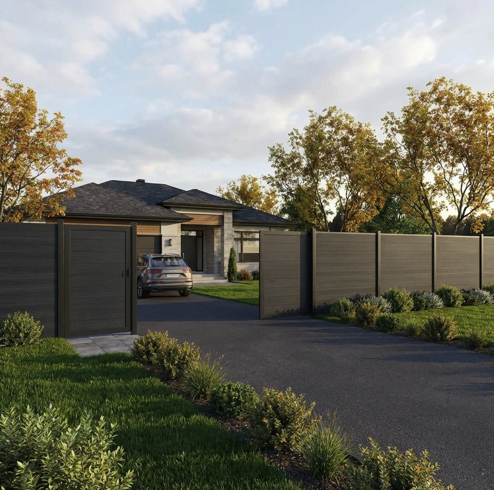 Modern house with Black Composite fence single gate and a double gate in backyard driwave 