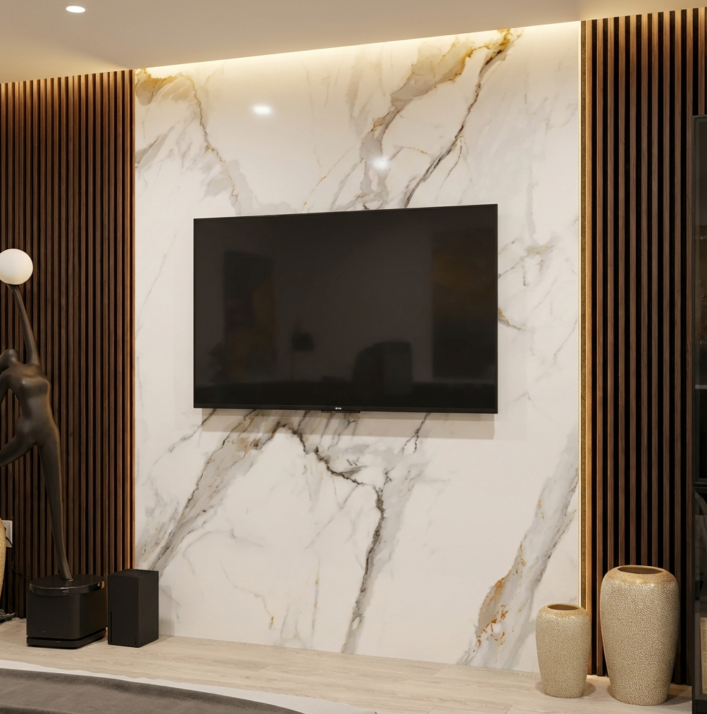 Modern interior with a marble wall and mounted television