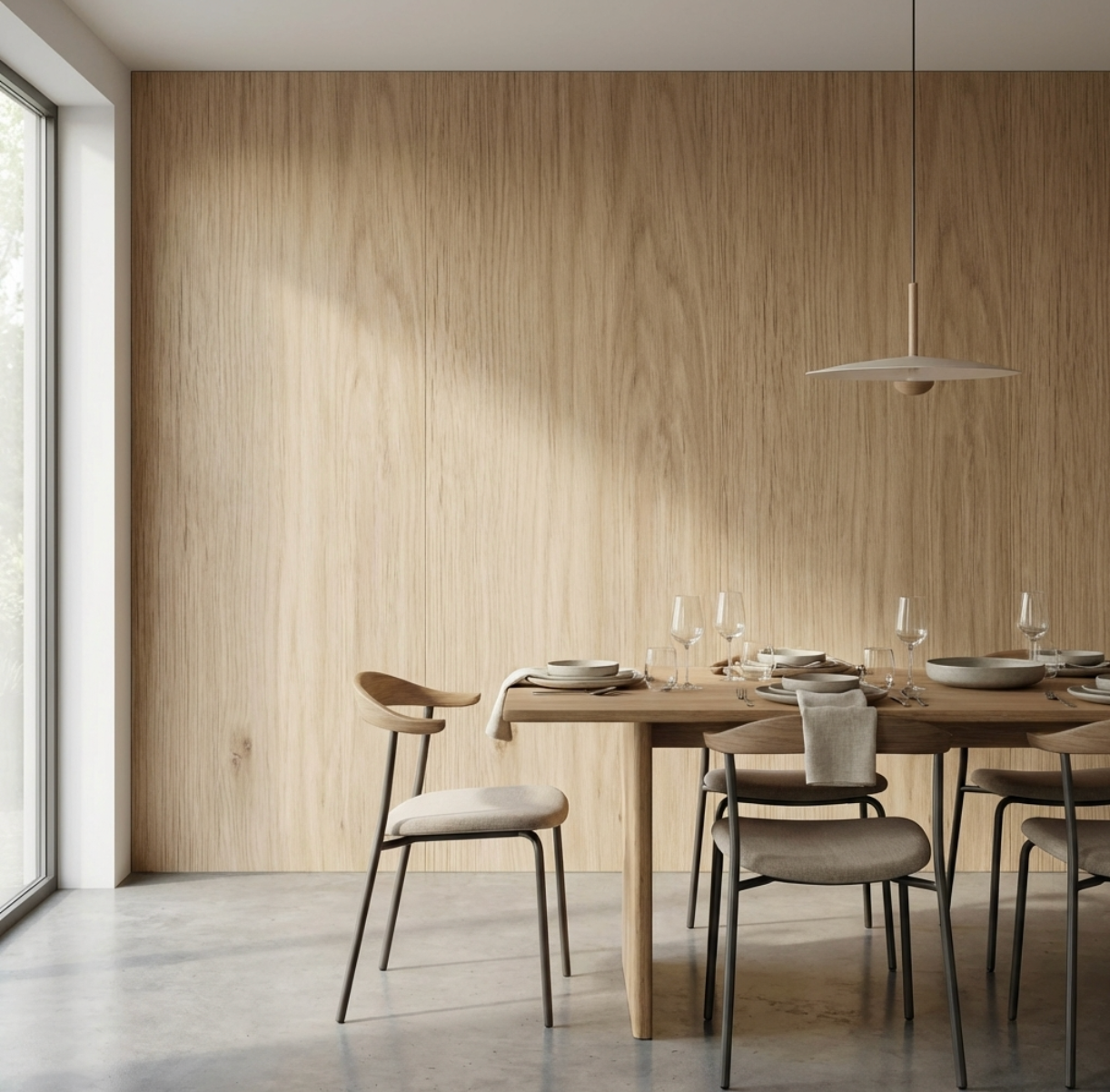 Modern interior with wood veneer  walls panels seamless connection 