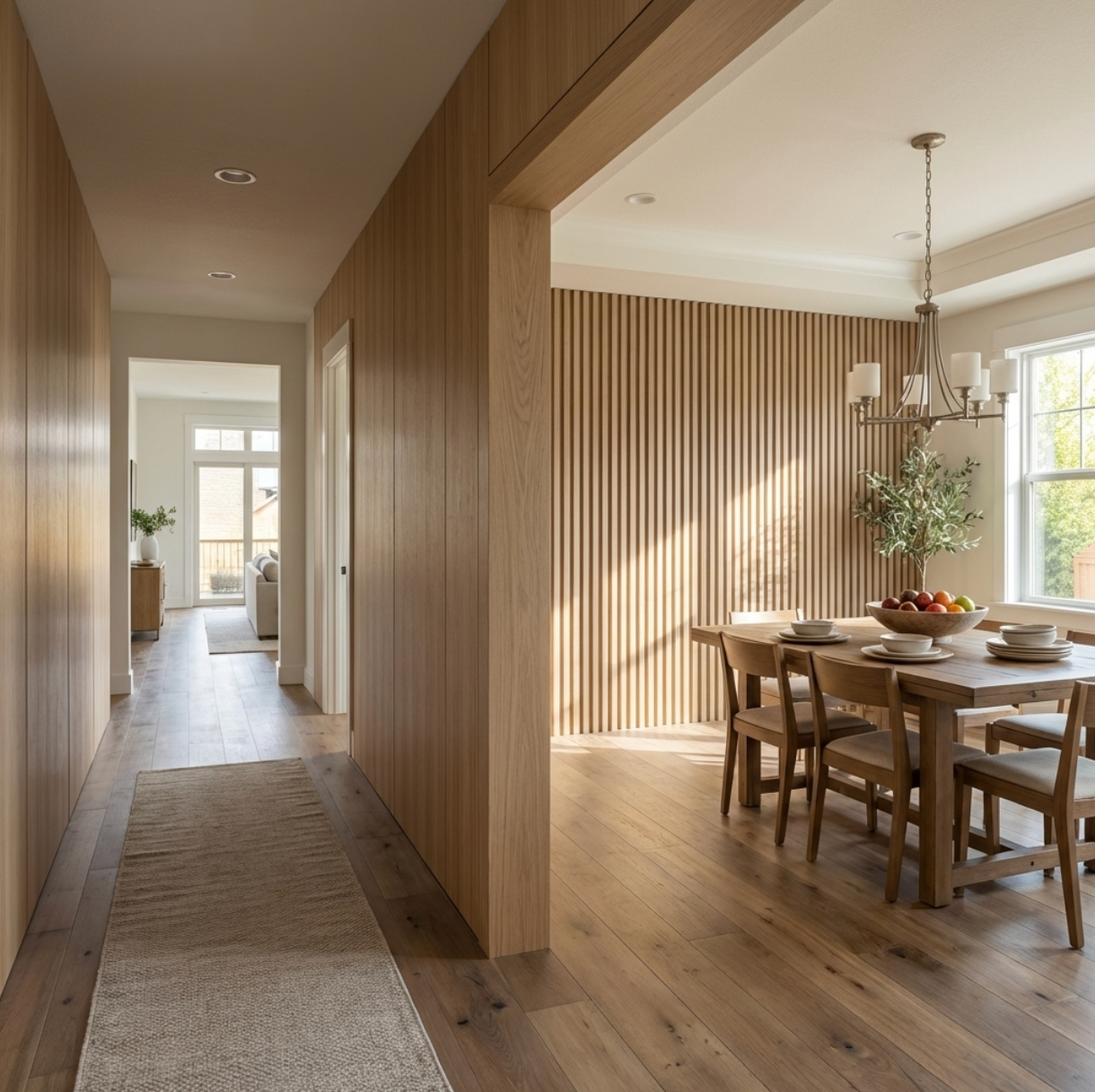 Modern interior with wooden veneer  walls panels