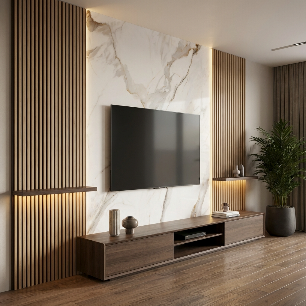 Modern living room tv wall design with pvc marble sheets 