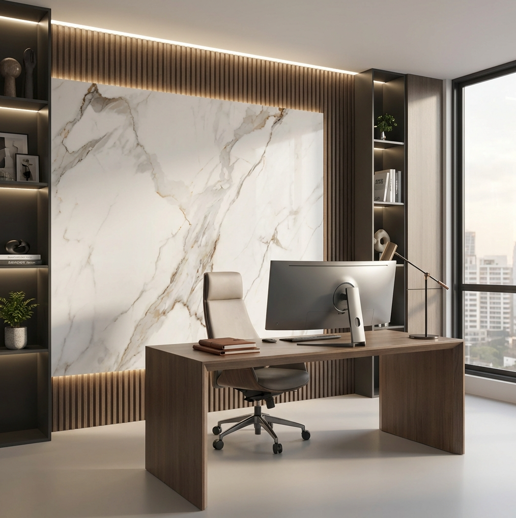 Modern office with marble wall panels. PVC Marble Sheets