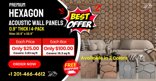 Premium Hexagon Acoustic Wall Panels | 0.9" Thick | 4-Pack 2 Colors Walnut and Carbon Black