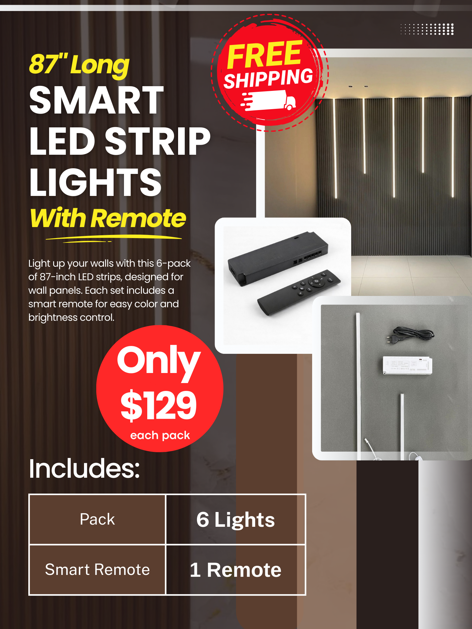 6-Pack 87 inches Smart LED Strips for WPC Wall Panels | Free Shipping