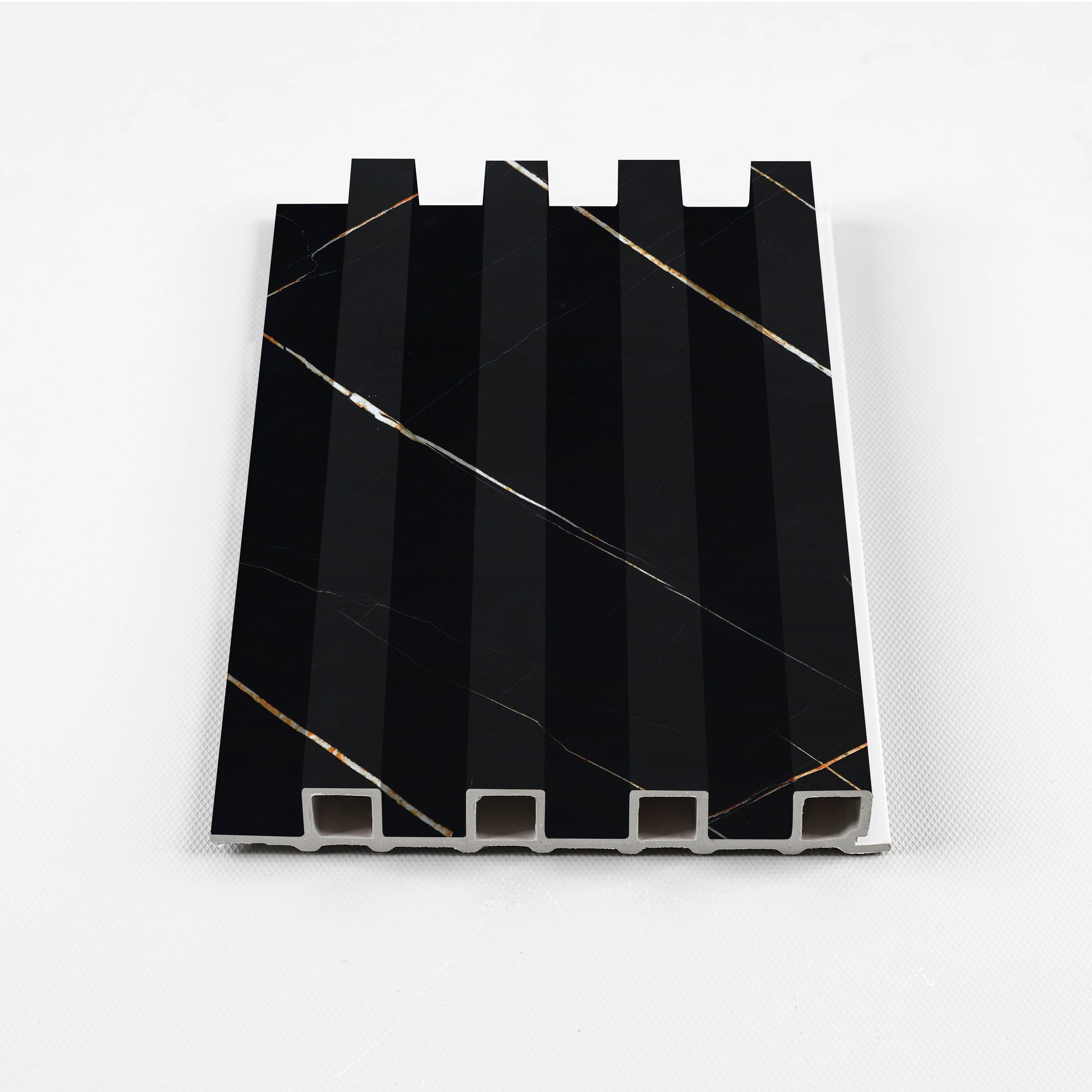 Noir Royale Vertical fluted WPC wall panel sample with wood finish