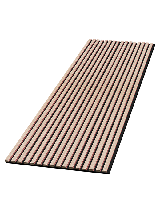 Full oak acoustic wood slat wall panel with light veneer slats on black sound-absorbing backing