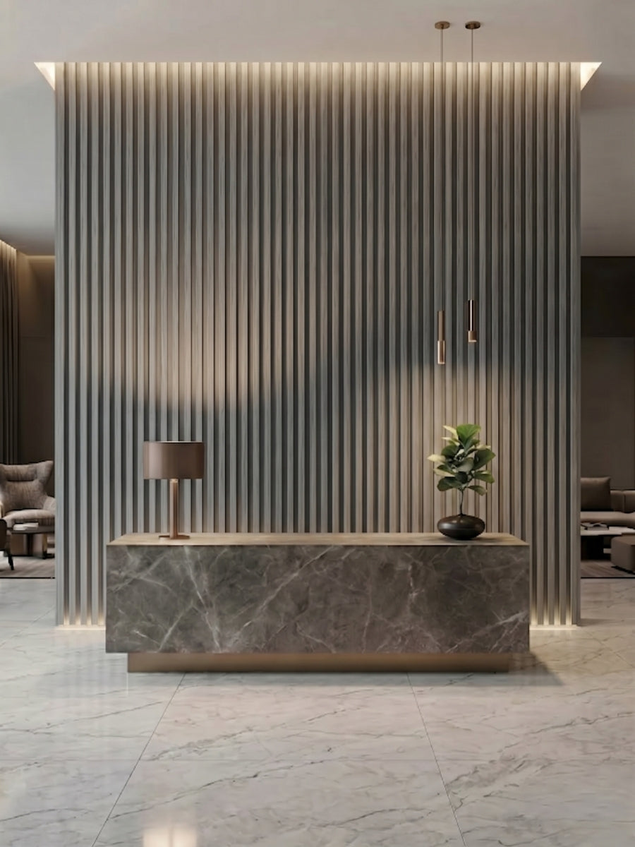 Modern Reception Wall Design with Oak Gray Fluted Wall Panels