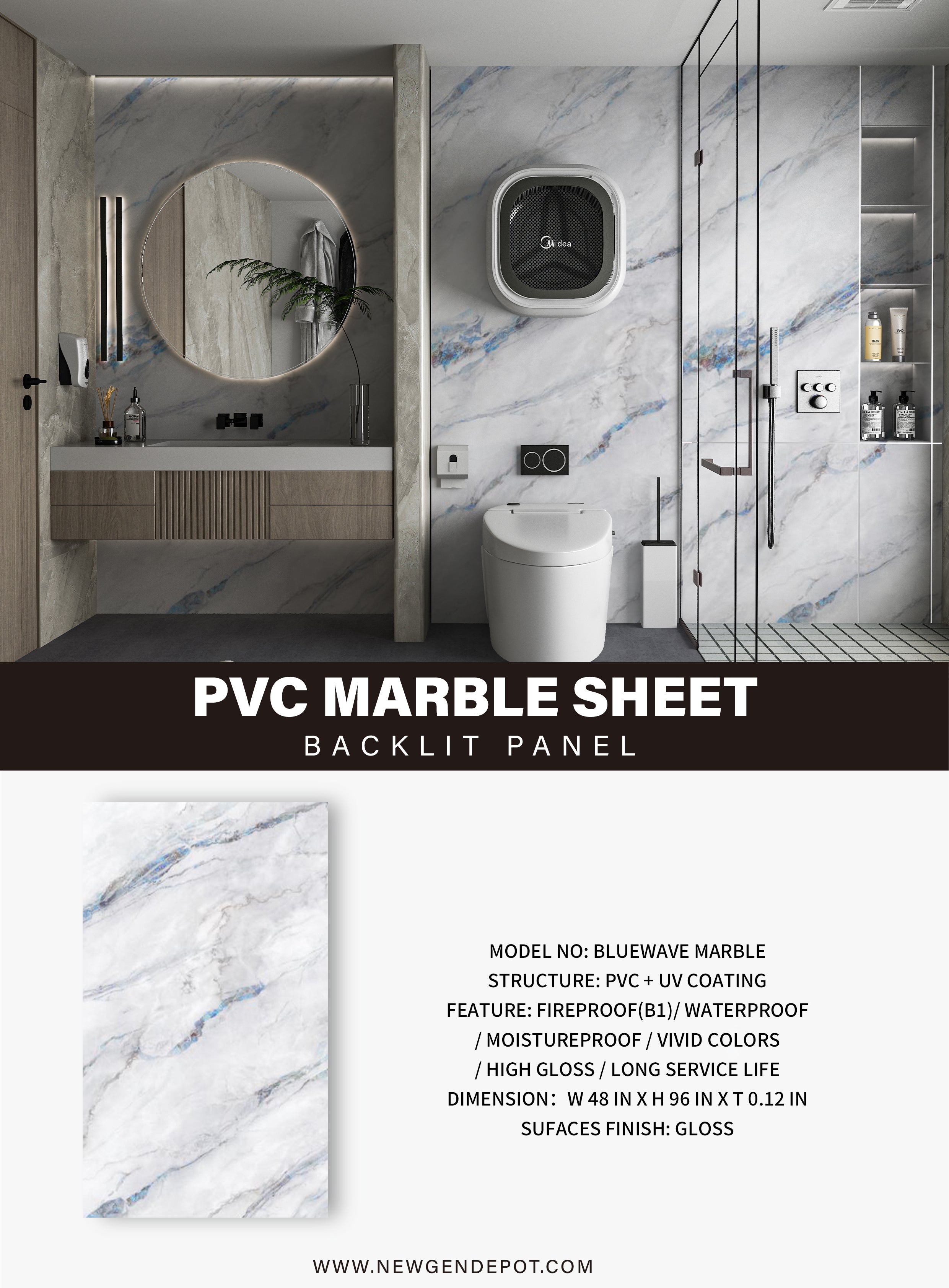 3D Bluewave PVC Marble Sheet, Waterproof 4x8 ft – NewGen Depot