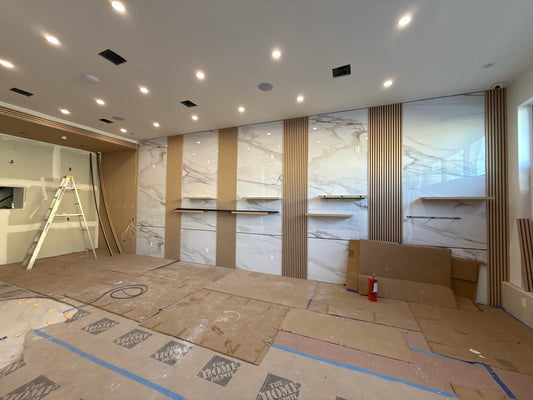 PVC marble wall panels with acoustic wood slat panels luxury home décor