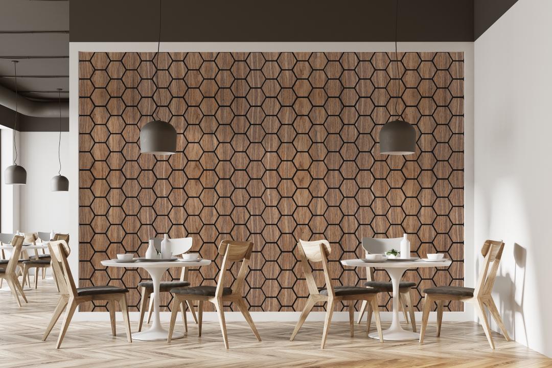 Modern walnut hexagon acoustic panels for wall decor