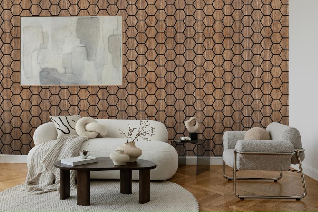 Hexagon acoustic wall panels walnut wood look 4 pack