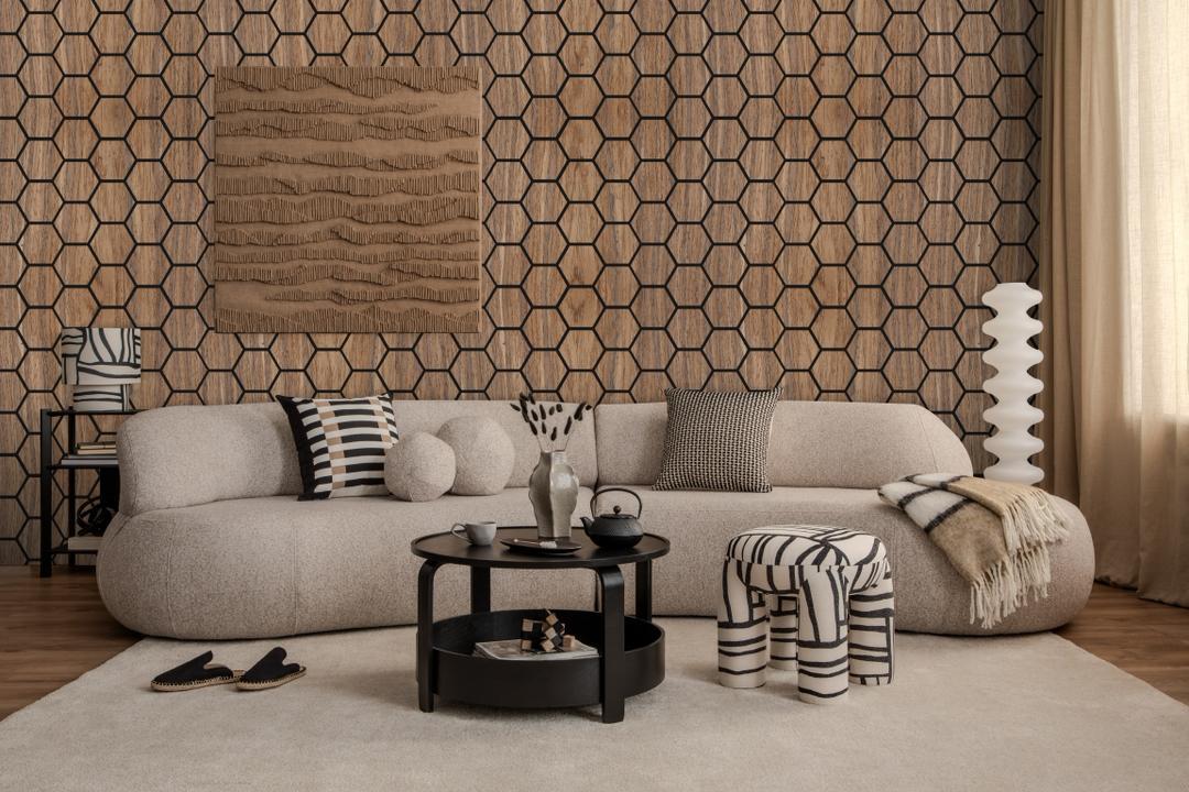 Decorative walnut hexagon acoustic panels for sitting room