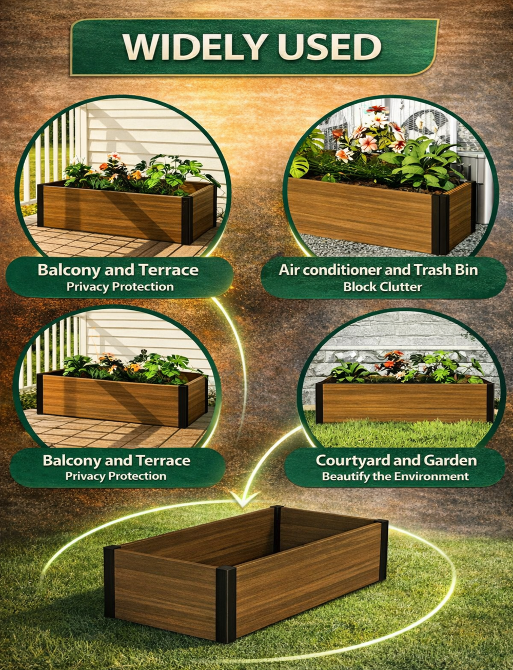 Composite wood planter box for outdoor spaces