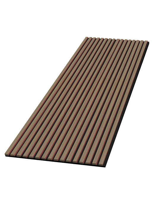 Full Royal Oak acoustic wood slat wall panel with evenly spaced slats on black backing