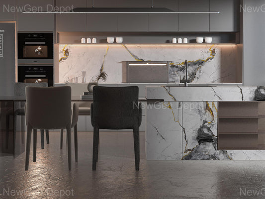 Royal Glacier Gold Marble UV Protected PVC Wall Panel - 4x8 ft, Fireproof & Waterproof, (32 sq. ft)