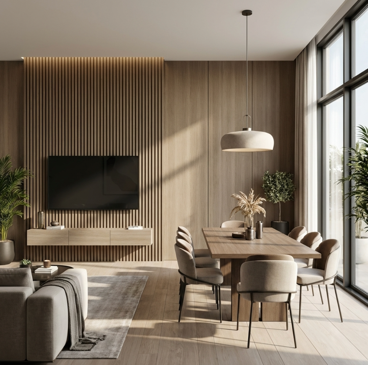  Royal Oak WPC Fluted Wall Panels  and flat Wall panels tv wall design