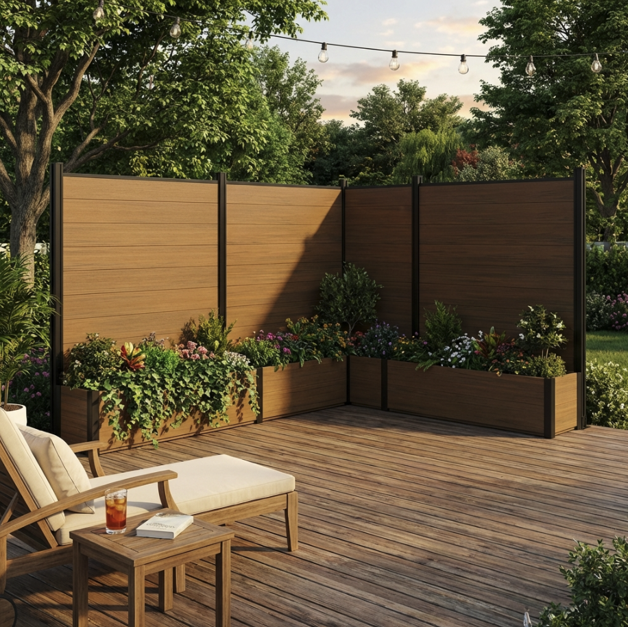 Wooden raised garden bed with built-in trellis