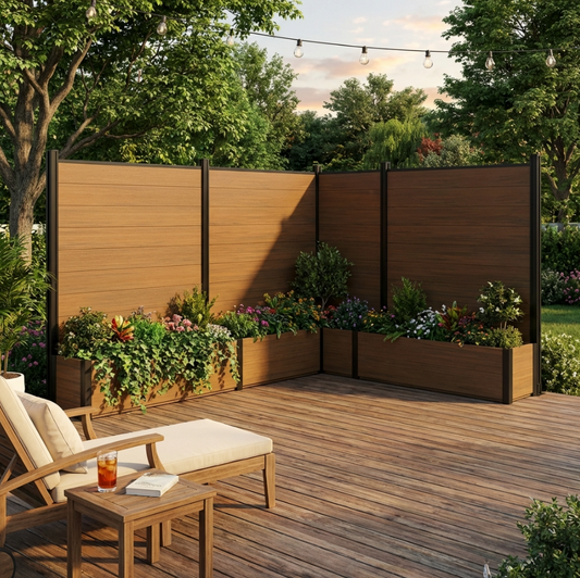 Wooden raised garden bed with built-in trellis